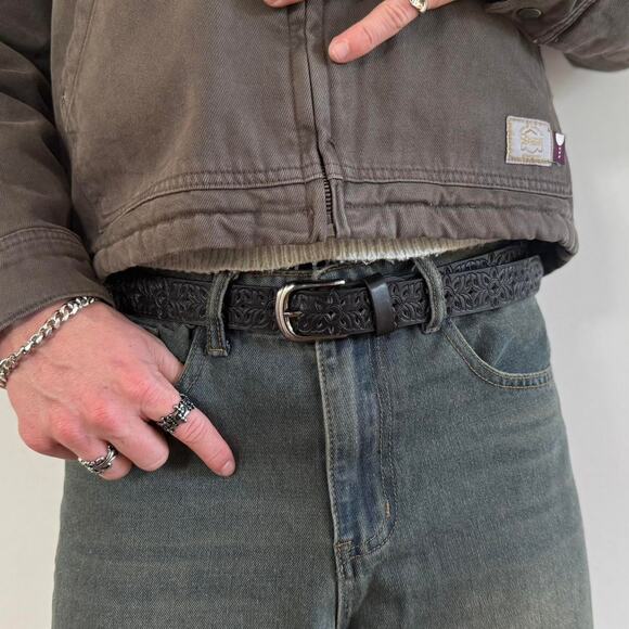 Western Black Carved Cowboy Belt Unisex Boho Style Adjustable 43" Long - Picture 4 of 9